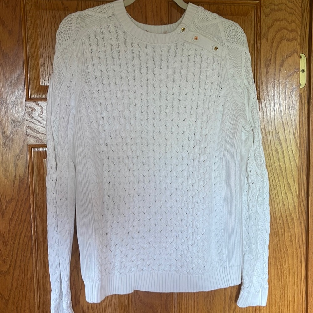 Tory Burch white sweater with gold accent buttons